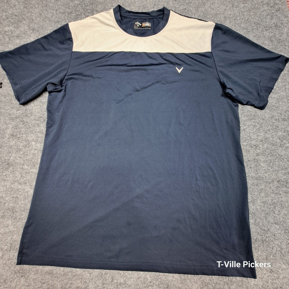 Callaway Mens XL Opti-Dri Golf T-Shirt Navy Blue Tan Colorblock Performance Tee